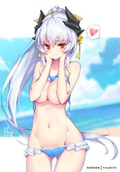 Rule 34 | 1girl, artist name, beach, bikini, bikini top lift, blue bikini, bow, breasts, cameltoe, clothes lift, cowboy shot, day, dutch angle, fate/grand order, fate (series), frill trim, frills, gluteal fold, groin, hair bow, hands on own cheeks, hands on own face, heart, heart-shaped pupils, hong (white spider), horns, kiyohime (fate), kiyohime (fate/grand order), kiyohime (swimsuit lancer) (fate), kiyohime (swimsuit lancer) (third ascension) (fate), large breasts, long hair, lowleg, lowleg bikini, navel, outdoors, ponytail, red eyes, silver hair, solo, spoken heart, swimsuit, symbol-shaped pupils, untied bikini, very long hair