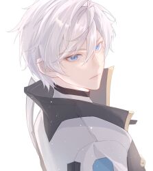 Rule 34 | 1boy, black coat, blue eyes, closed mouth, coat, highres, honkai (series), honkai impact 3rd, kevin kaslana, long sleeves, looking at viewer, looking to the side, male focus, napppptt, shirt, simple background, upper body, white hair, white shirt