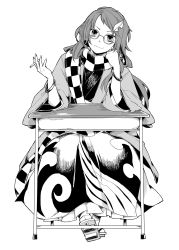 Rule 34 | 1girl, absurdres, chair, checkered clothes, checkered scarf, cigarette, closed mouth, flip-flops, full body, futatsuiwa mamizou, glasses, grey eyes, grey hair, greyscale, highres, holding, holding cigarette, japanese clothes, kikuichi monji, leaf, leaf on head, long hair, looking at viewer, monochrome, sandals, scarf, simple background, sitting, smile, smoking, solo, table, touhou, white background, white legwear