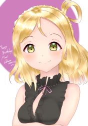 Rule 34 | 1girl, absurdres, artist name, artist request, bare shoulders, black dress, blonde hair, blush, braid, breasts, brown eyes, caffeine2133, cleavage, collarbone, crown braid, dress, female focus, frilled dress, frills, hair rings, highres, looking at viewer, love live!, love live! sunshine!!, medium breasts, ohara mari, parted lips, short hair, smile, solo, yellow eyes