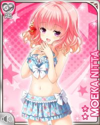 Rule 34 | 1girl, bow, breasts, card, character name, cleavage, fingers together, flower, girlfriend (kari), hair flower, hair ornament, nitta moeka, official art, one-piece swimsuit, open mouth, pink background, pink hair, purple eyes, qp:flapper, red flower, short hair, smile, solo, swimsuit, tagme, white bow, white one-piece swimsuit