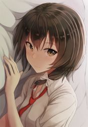Rule 34 | 1girl, :3, bed sheet, blush, bow, brown eyes, brown hair, closed mouth, collared shirt, commentary request, eyelashes, fumei (mugendai), hair between eyes, hair bow, hair over shoulder, long hair, lying, necktie, on side, pillow, red necktie, shirt, short sleeves, smile, solo, touhou, upper body, usami renko, white bow, wing collar