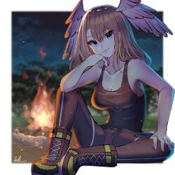 Rule 34 | 1girl, black bodysuit, black choker, blue eyes, bodysuit, breast tattoo, breasts, brown hair, choker, cleavage, eunie (xenoblade), head wings, highres, kyosuke1413koba, large breasts, long hair, looking at viewer, night, open clothes, smile, solo, tattoo, white wings, wings, xenoblade chronicles (series), xenoblade chronicles 3