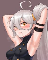 Rule 34 | 1girl, armpits, arms behind head, arms up, bad id, bad pixiv id, black dress, blue legwear, blurry, blurry background, blush, breasts, clenched teeth, cloel, covered erect nipples, covered navel, dress, drooling, girls&#039; frontline, hair between eyes, hands in hair, highres, lips, long hair, looking at viewer, parted lips, pkp (girls&#039; frontline), saliva, side ponytail, silver hair, skin tight, sleeveless, small breasts, solo, steam, sweat, teeth, very long hair, yellow eyes