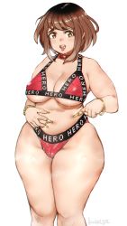 Rule 34 | 1girl, bangle, belly, bikini, boku no hero academia, bracelet, breasts, brown eyes, brown hair, choker, cleavage, cowboy shot, fingernails, gold bracelet, gold nails, highres, jewelry, keigi, large breasts, long fingernails, looking at viewer, mismatched eyebrows, mole, mole on breast, mole on thigh, navel piercing, piercing, plump, print bikini, red bikini, red choker, ring, short hair, solo, standing, swimsuit, teeth, thick eyebrows, thick thighs, thighs, tongue, tongue out, tongue piercing, underboob, upper teeth only, uraraka ochako, white background, wide hips