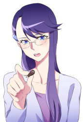 Rule 34 | 10s, 1girl, bad id, bad pixiv id, blue eyes, collar, eyelashes, food, fourth wall, glasses, hair ornament, hairclip, heartcatch precure!, long hair, long sleeves, looking at viewer, negom, open mouth, pocky, precure, purple hair, simple background, sketch, solo, swept bangs, tsukikage yuri