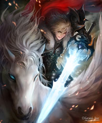 Rule 34 | 1boy, armor, blue eyes, cape, fur trim, glowing, glowing sword, glowing weapon, kei1115, looking at viewer, male focus, pegasus, pixiv id, red cape, riding, shingoku no valhalla gate, smile, solo, watermark, weapon