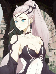 1girl absurdres black_choker black_dress black_tiara blue_eyes breasts choker cleavage collarbone dress earrings eir_(fire_emblem) fire_emblem fire_emblem_heroes goromochan highres jewelry long_hair long_sleeves medium_breasts nintendo ponytail sidelocks tiara white_dress white_hair