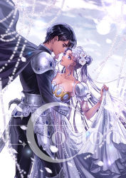 Rule 34 | 1boy, 1girl, arm around waist, armor, armored boots, artist name, back, bead bracelet, beads, bishoujo senshi sailor moon, black cape, black hair, black pants, blue eyes, boots, bracelet, breasts, cape, chiba mamoru, cleavage, closed mouth, collarbone, couple, crescent, crescent facial mark, crying, double bun, dress, earrings, eclosion, endymion, eye contact, eyebrows, eyelashes, facial mark, faulds, flower, forehead mark, from side, gloves, hair bun, hair flower, hair ornament, hand grab, hetero, jewelry, large breasts, legs apart, lens flare, long dress, long hair, long sleeves, looking at another, motion blur, pants, parted bangs, parted lips, pauldrons, petals, pink lips, princess serenity, profile, puffy short sleeves, puffy sleeves, short sleeves, shoulder armor, silver hair, skirt hold, smile, standing, strapless, strapless dress, streaming tears, sword, tears, tsukino usagi, twintails, very long hair, weapon, white dress, white flower, white gloves