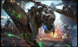 Rule 34 | 1girl, 2boys, aircraft, airship, arcane: league of legends, blurry, blurry background, chengwei pan, coat, commentary, dark-skinned male, dark skin, dreadlocks, ekko (league of legends), electricity, english commentary, explosion, facepaint, firelight ekko, gloves, highres, hoverboard, league of legends, mask, unworn mask, mohawk, multiple boys, official art, over shoulder, serious, solo focus, weapon, weapon over shoulder, white hair