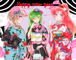 Rule 34 | 3girls, alternate costume, bag, blue kimono, braid, c.c., code geass, code geass: boukoku no akito, code geass: soubou no oz, green hair, happy new year, head tilt, highres, holding, holding bag, ilohasvio, japanese clothes, kimono, leila malcal, looking at viewer, looking back, looking to the side, looking up, marrybell mel britannia, multiple girls, new year, obi, parted bangs, pink kimono, purple eyes, red kimono, sash, yellow eyes
