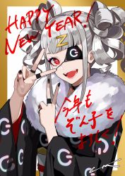 Rule 34 | 1girl, aqua eyeshadow, black choker, black kimono, black nails, blue eyeshadow, blunt bangs, border, bright pupils, brown border, choker, curly hair, dive to zone, double v, english text, eyepatch, eyeshadow, fangs, fur trim, glowing, grey hair, hair ornament, happy new year, highres, japanese clothes, jewelry, kimono, lam (ramdayo), long sleeves, looking at viewer, makeup, nail polish, new year, open mouth, patterned, patterned clothing, pink eyeshadow, pink lips, power symbol, power symbol-shaped pupils, red eyes, red eyeshadow, ring, signature, smile, solo, symbol-shaped pupils, tongue, twintails, upper body, v, white pupils, wide sleeves