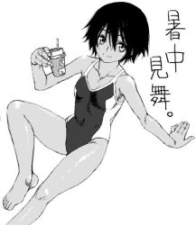 Rule 34 | 1girl, arm support, barefoot, competition swimsuit, drink, drinking straw, feet, greyscale, leg up, monochrome, one-piece swimsuit, original, satou atsuki, short hair, sitting, smile, solo, swimsuit