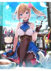 Rule 34 | 1girl, alice gear aegis, arm garter, ascot, bare shoulders, bench, black gloves, black pantyhose, blonde hair, blue bow, blue eyes, blue skirt, bow, breasts, cellphone, character doll, corset, cup, day, earrings, fang, flower, frilled skirt, frills, fuku kitsune (fuku fox), gloves, hair flower, hair ornament, highres, holographic monitor, jewelry, knee up, lily sears, long hair, looking at viewer, medium breasts, open mouth, pantyhose, petticoat, phone, pink flower, rapier, shirt, side ponytail, sitting, skirt, sky, sleeveless, sleeveless shirt, smartphone, smile, solo, sparkle, sword, teacup, teapot, thick eyebrows, weapon, wind