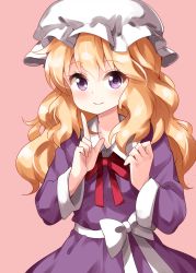 Rule 34 | 1girl, blonde hair, commentary request, dress, hair between eyes, hands up, hat, highres, index finger raised, long hair, long sleeves, looking at viewer, maribel hearn, mob cap, neck ribbon, pink background, purple dress, purple eyes, red ribbon, ribbon, ruu (tksymkw), sash, simple background, smile, solo, touhou, upper body, white hat, white sash