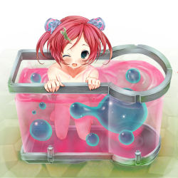 Rule 34 | 1girl, ;d, bad id, bad pixiv id, blush, border break, bow, censored, convenient censoring, fish tank, green eyes, hair bow, hair ornament, hairclip, looking at viewer, mini person, minigirl, nude, one eye closed, open mouth, partially submerged, red hair, scarlet (studioscr), short hair, smile, solo, wink