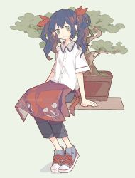 Rule 34 | 1girl, apron, black hair, bonsai, buttons, green background, green eyes, high tops, highres, looking at viewer, medium hair, melanbread, original, pants, red apron, shirt, shoes, short sleeves, simple background, sneakers, solo, tree, twintails, white background, white shirt