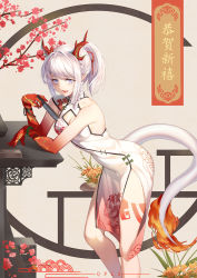Rule 34 | 1girl, absurdres, arknights, arm tattoo, artist name, bare shoulders, bead bracelet, beads, blue eyes, bracelet, braid, breasts, china dress, chinese clothes, cleavage, cleavage cutout, clothing cutout, colored skin, dragon girl, dragon horns, dragon tail, dress, feet out of frame, flame-tipped tail, flower, folded fan, folding fan, grey background, hair ribbon, hand fan, highres, holding, holding fan, horns, jewelry, leaning on table, leg tattoo, long hair, looking at viewer, medium breasts, nian (arknights), nian (unfettered freedom) (arknights), official alternate costume, open mouth, pelvic curtain, pointy ears, ponytail, qian pu liu shang, red flower, red ribbon, red skin, ribbon, sidelocks, simple background, solo, standing, table, tail, tattoo, teeth, upper teeth only, white hair