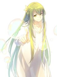 Rule 34 | 1other, androgynous, bubble, echo (circa), enkidu (fate), fate/strange fake, fate (series), green eyes, green hair, long hair, long sleeves, looking at viewer, outstretched arm, robe, smile, solo, very long hair, white robe