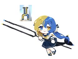 Rule 34 | 1girl, :&gt;, blonde hair, blue eyes, blue footwear, blue hair, blue skirt, chibi, closed mouth, dowsing rod, heterochromia, highres, limbus company, looking at viewer, low twintails, multicolored hair, neckerchief, original, project moon, saccharhythm, school uniform, serafuku, shoes, simple background, skirt, smile, solo, split-color hair, twintails, white background, yellow eyes, yellow neckerchief