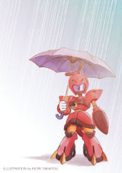 Rule 34 | 1other, absurdres, artist name, clenched hand, facing viewer, full body, gradient background, grey background, head tilt, highres, holding, holding umbrella, huge filesize, inori taimatsu, looking at viewer, mecha, medarot, no humans, rain, robot, rollstar, simple background, solo, standing, umbrella, visor