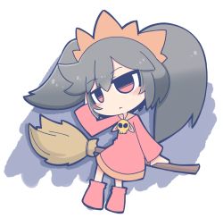 Rule 34 | 1girl, ashley (warioware), black hair, blush, boots, broom, broom riding, chibi, closed mouth, dress, female focus, flat chest, full body, hairband, hand up, long hair, long sleeves, neckerchief, nintendo, ooyama bokuchi, orange hairband, orange neckerchief, red dress, red eyes, red footwear, simple background, sitting, skull, solo, twintails, warioware, white background