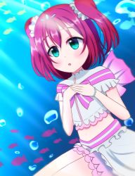 Rule 34 | 1girl, absurdres, air bubble, aqua eyes, artist name, blush, bow, bracelet, bubble, earrings, female focus, fish, hands on own chest, highres, jewelry, koi ni naritai aquarium, kurosawa ruby, looking at viewer, love live!, love live! school idol festival, love live! sunshine!!, midriff, navel, ors majesty, pearl bracelet, red hair, scrunchie, short hair, smile, solo, tiara, two side up, underwater