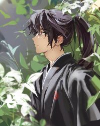 Rule 34 | 1boy, black hair, black kimono, chungmyung, closed mouth, highres, japanese clothes, kimono, leaf, long hair, looking away, male focus, ponytail, profile, qs g g, red eyes, return of the mount hua sect, solo, upper body
