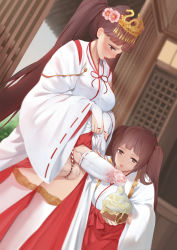 Rule 34 | 1235, 2girls, absurdres, blush, breasts, brown hair, clothes lift, crown, cum, cum in clothes, cum inflation, futanari, highres, inflation, japanese clothes, kimono, lipstick, makeup, miko, multiple girls, penis, ponytail, red lips, skirt, skirt lift, thighhighs, twintails