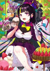 Rule 34 | 1girl, :d, absurdres, bad id, bad pixiv id, bag, black hair, blonde hair, blueberry, blunt bangs, bow, bow earrings, bowtie, box, breasts, bush, candy, card, checkerboard cookie, cleavage, cleavage cutout, clothing cutout, cookie, crown, cupcake, dessert, doughnut, dress, earrings, food, food on face, fork, frilled dress, frills, fruit, fruit tart, gift, gift box, glint, gloves, highres, holding, holding food, holding fork, jewelry, kiwi (fruit), kiwi slice, kusunokimizuha, large breasts, lollipop, long hair, looking at viewer, macaron, multicolored hair, open mouth, orange (fruit), orange slice, original, plastic bag, playing card, puffy sleeves, purple eyes, ribbon, single glove, single leg pantyhose, sitting, smile, solo, strawberry, streaked hair, string of flags, swirl lollipop, tart (food), traditional bowtie, two-tone hair, underbust, very long hair, wrapped candy