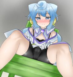 Rule 34 | 1boy, absurdres, artist request, bike shorts, blue eyes, blue hair, blush, bulge, gloves, hacka doll, hacka doll 3, highres, long hair, looking at viewer, male focus, shorts, sitting, solo, trap