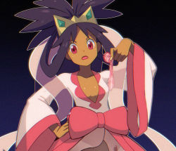 Rule 34 | 1girl, black hair, blue background, bow, breasts, breasts apart, collarbone, condom, cowboy shot, creatures (company), cum, dark-skinned female, dark skin, dress, game freak, gradient background, hand on own hip, holding, holding condom, iris (pokemon), long hair, long sleeves, nintendo, open mouth, outline, parted bangs, pink bow, pink eyes, pokemon, pokemon bw2, ponytail, ryuntack, shawl, small breasts, solo, tiara, used condom, v-shaped eyebrows, very long hair, white dress, white outline, wide sleeves