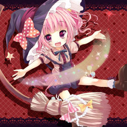 Rule 34 | 1girl, :d, bow, broom, hair ornament, hat, hat ribbon, open mouth, original, outstretched arms, pink eyes, pink hair, ribbon, shiwasu horio, shoes, smile, solo, spread arms, witch hat