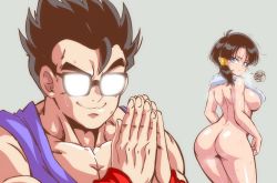 Rule 34 | 1boy, 1girl, aged up, ass, back, bare shoulders, black hair, blue eyes, blurry, blush, breasts, commentary, depth of field, dimples of venus, dragon ball, dragonball z, frown, glasses, grin, hair tubes, highres, lewdamone, looking back, medium breasts, meme, muscular, naked towel, nude, opaque glasses, own hands together, short hair, sideboob, simple background, smile, son gohan, spiked hair, squiggle, sweat, sweatdrop, towel, towel around neck, twintails, videl, wristband
