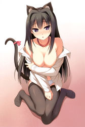 Rule 34 | 1girl, absurdres, animal ears, ayase sayuki, bare shoulders, black hair, black pantyhose, blue eyes, breasts, cat ears, cat tail, cleavage, collar, dress shirt, fake animal ears, feet, hair intakes, hairband, highres, kantoku, long hair, looking at viewer, navel, nipples, no shoes, off shoulder, open clothes, open mouth, open shirt, panties, pantyhose, ribbon, shirt, sitting, solo, tail, tail ornament, tail ribbon, thighhighs, tsurime, unbuttoned, underwear, white panties, your diary