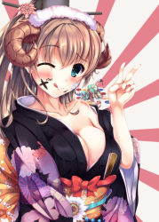 Rule 34 | 10s, 2girls, ;q, alternate costume, anal, anal object insertion, aqua eyes, bandaid, bandaid on face, blush, breasts, brown hair, calligraphy brush, cleavage, flower, hair flower, hair ornament, horns, injury, japanese clothes, kantai collection, kimono, kumano (kancolle), large breasts, long hair, looking at viewer, multiple girls, obi, object insertion, off shoulder, one eye closed, paintbrush, ponytail, sash, sheep horns, simple background, smile, suzuya (kancolle), tenchou no matsumoto, tongue, tongue out, twister, upper body, v, white background