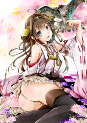 Rule 34 | 10s, 1girl, ahoge, akatsuki hijiri, armpits, ass, bird, blue eyes, braid, brown hair, clothes between thighs, detached sleeves, hairband, hawk, japanese clothes, kantai collection, kongou (kancolle), long hair, looking at viewer, nontraditional miko, open mouth, personification, solo, thighhighs, wide sleeves