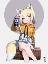 Rule 34 | 1girl, animal ear fluff, animal ears, arm support, blonde hair, blue eyes, blush, can, closed mouth, commentary request, cropped legs, crossed legs, drawstring, energy drink, fox ears, fox girl, fox tail, grey background, hand up, highres, holding, holding can, hood, hood down, hoodie, kuro-chan (kuro kosyou), kuro kosyou, long sleeves, looking at viewer, orange hoodie, original, overall skirt, short eyebrows, sitting, smile, solo, tail, thick eyebrows, two-tone background, zone (energy drink)