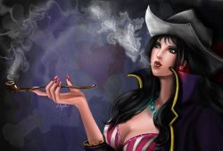 Rule 34 | 1girl, alvida (one piece), bikini, bikini top only, black hair, breasts, cleavage, close-up, coat, earrings, green eyes, hat, heart, high collar, highres, jewelry, jolly roger, lilyzou, lipstick, long hair, makeup, nail polish, necklace, one piece, open clothes, open coat, signature, smoke, smoking, smoking pipe, solo, striped bikini, striped bikini top, striped clothes, swimsuit