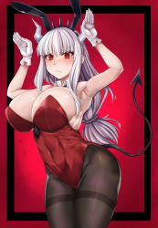 Rule 34 | 1girl, breasts, demon tail, embarrassed, helltaker, highres, large breasts, leotard, looking at viewer, lucifer (helltaker), navel, playboy bunny, solo, tail, white hair, zatma0041