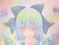 Rule 34 | 1girl, blue eyes, blue hair, bow, cirno, covering own mouth, ice, ice wings, matching hair/eyes, painting (medium), solo, touhou, traditional media, watercolor (medium), wings, yuyu (00365676)
