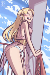 Rule 34 | 1girl, bare shoulders, blonde hair, blue sky, blush, breasts, earrings, elf, closed eyes, fooltool, grin, highres, jewelry, laughing, legs, long hair, nintendo, open mouth, panties, pointy ears, princess zelda, see-through, sky, smile, solo, super smash bros., the legend of zelda, the legend of zelda: a link between worlds, thighs, triangle earrings, triforce, triforce earrings, underwear, white panties, wind