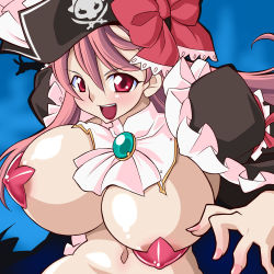 Rule 34 | 10s, 1girl, :d, areola slip, breasts, captain liliana, hat, huge breasts, looking at viewer, nail polish, open mouth, pasties, pink eyes, pink hair, pink nails, pirate, pirate hat, queen&#039;s blade, queen&#039;s blade rebellion, smile, yaochou