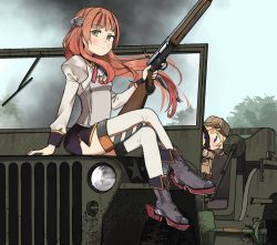 Rule 34 | 2girls, annin musou, bad id, bad twitter id, black skirt, blonde hair, blush, brown hair, closed mouth, commentary request, day, fairy (kancolle), green eyes, grey shirt, gun, helena (kancolle), holding, holding gun, holding weapon, jeep, juliet sleeves, kantai collection, long hair, long sleeves, motor vehicle, multiple girls, open mouth, pencil skirt, puffy sleeves, shadow, shirt, skirt, smoke, thighhighs, weapon, weapon request, white legwear