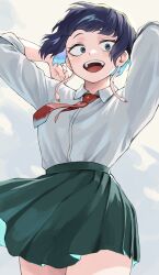 Rule 34 | 1girl, :d, absurdres, arms up, audio jack, black eyes, black hair, blue hair, boku no hero academia, collared shirt, colored inner hair, fengling (furin-jp), green skirt, highres, jirou kyouka, long earlobes, multicolored hair, necktie, open mouth, pleated skirt, red necktie, school uniform, shirt, skirt, smile, solo, teeth, u.a. school uniform, upper teeth only, white shirt