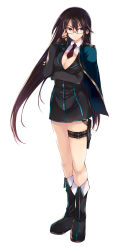 Rule 34 | 1girl, adjusting eyewear, black-framed eyewear, black dress, black footwear, black gloves, black hair, blue cape, boots, breasts, brown eyes, brown necktie, cape, cleavage, dress, fingerless gloves, floating hair, full body, glasses, gloves, highres, holster, kansen shoujo (game), large breasts, long hair, looking at viewer, necktie, short dress, short necktie, simple background, solo, standing, thigh holster, thigh strap, very long hair, white background