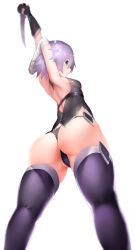 Rule 34 | 1girl, absurdres, arm belt, armpits, arms up, ass, ass focus, bandaged arm, bandages, black panties, black thighhighs, boruhis, breasts, cameltoe, commentary request, curvy, dagger, dual wielding, facial scar, fate/apocrypha, fate/grand order, fate (series), female focus, gloves, green eyes, highres, hip focus, holding, huge ass, jack the ripper (fate/apocrypha), knife, legs, looking at viewer, looking back, lowleg, lowleg panties, midriff, panties, partially visible vulva, scar, scar across eye, scar on cheek, scar on face, shiny skin, short hair, shoulder tattoo, silver hair, single glove, skindentation, small breasts, solo, standing, stretching, tattoo, thighhighs, thighs, thong, underwear, weapon