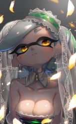 Rule 34 | + +, 1girl, bad id, bad pixiv id, bare shoulders, breasts, bridal veil, chromatic aberration, cleavage, closed mouth, collarbone, detached collar, dress, earrings, falling petals, food, food on head, glint, glowing, glowing petals, gradient background, grey background, grey hair, highres, hoop earrings, inkling, jewelry, kashu (hizake), lace, looking at viewer, marie (splatoon), medium breasts, mole, mole under eye, monster girl, nintendo, object on head, petals, pointy ears, shade, shiny skin, short eyebrows, short hair, solo, splatoon (series), splatoon 1, strapless, strapless dress, tentacle hair, upper body, veil, yellow eyes