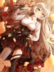 Rule 34 | 1girl, ahoge, autumn, autumn leaves, belt, blurry, blush, brown corset, brown eyes, brown hair, cleavage cutout, clothing cutout, corset, dagger, depth of field, feather hair ornament, feathers, gloves, hair ornament, hair spread out, highres, hololive, hololive english, knife, lantern, long hair, looking at viewer, lying, multicolored hair, my0li, nanashi mumei, on back, partially fingerless gloves, pouch, red skirt, shirt, single thighhigh, skirt, smile, solo, streaked hair, thigh strap, thighhighs, very long hair, virtual youtuber, weapon, white shirt, yellow eyes