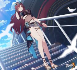 Rule 34 | 1girl, animal, bare legs, bird, bracelet, breasts, brown hair, cloud, cloudy sky, earrings, eden (honkai impact), eyewear on head, feet, highres, honkai (series), honkai impact 3rd, jewelry, large breasts, legs, long hair, long legs, looking at viewer, official alternate costume, official art, official wallpaper, outdoors, sandals, seagull, ship, short shorts, shorts, sky, smile, solo, stairs, sunglasses, toenails, toes, watercraft, yellow eyes